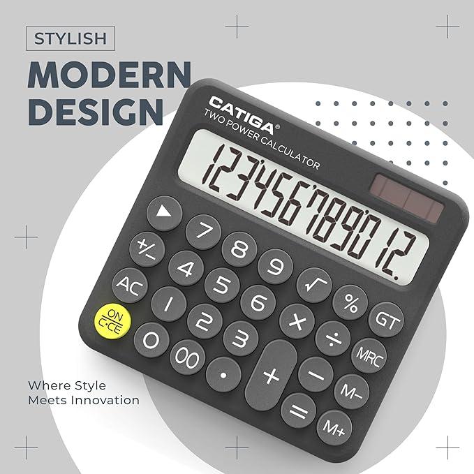 CATIGA Mechanical Switch Calculator with Solar and Battery Dual Power, 12-Digit Large LCD Display, Aesthetic and Cute Desktop Calculator with Big Button, for Home, School and Office Use, SD-1299