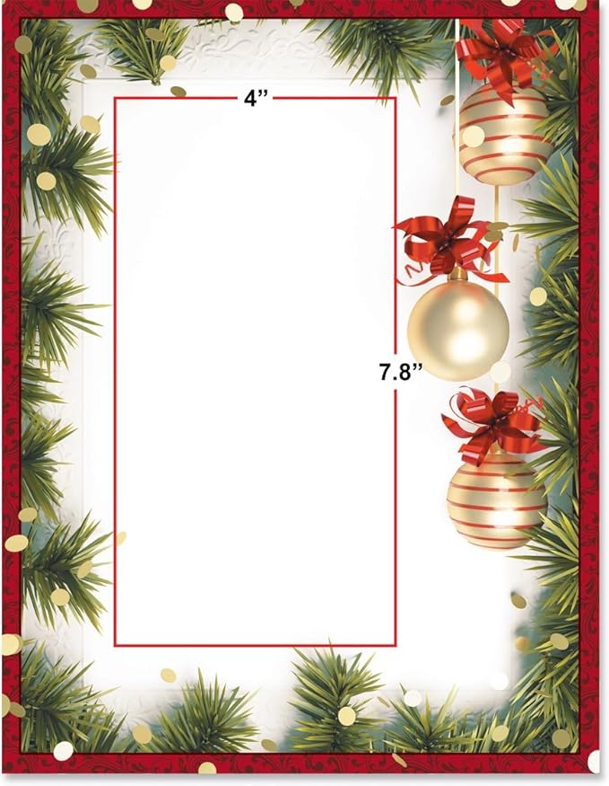 PaperDirect Ornament Trio Holiday Border Paper, Pine Boughs with Hanging Ornaments and Red Ribbons on Right Side, 8.5 x 11, Acid-Free, Ideal for Holiday Invitations, Cards, 50 Sheets