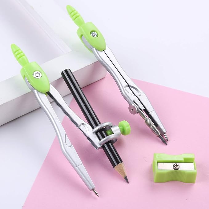 Math Geometry Kit Sets 10 Piece Student Supplies with Shatterproof Storage Box,Includes Rulers,Protractor,Compass,Eraser,Pencil Sharpener,Lead Refills,Pencil,for Drafting(Green)