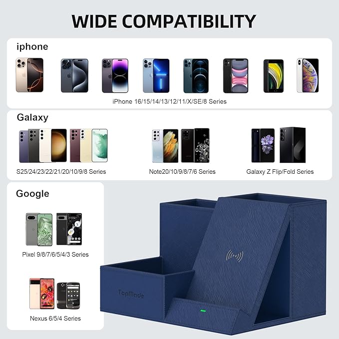 TopMade Wireless Charger with Desk Nightstand Organizer, Leather Pen Pencil Holder Bedside Fast Charging Station, for iphone Charging Stand Office Supplies Desk Accessories, Gifts for Men(Blue)