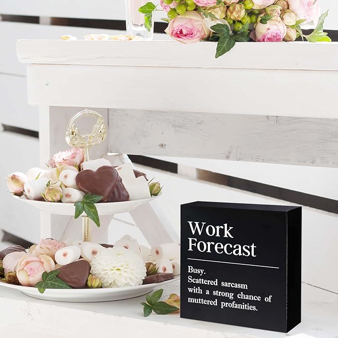 Funny Office Decor Sign Cool Things for Desk Accessories Coworker Gifts for Men Women Desk Decor for Office Cubicle Accessories Work Forecast Wood Sign - 5 x 5 Inches