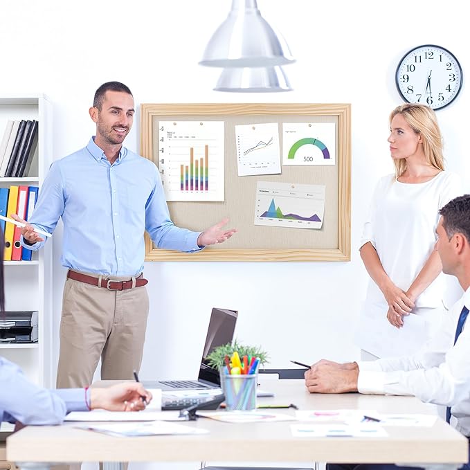 Bulletin Board Cork Board with Linen, 100% Wood Framed 18" x 24" Bulletin Board Decorations, Pin Boards for Walls, Wall Mounted Fabric Picture Board with 10 Pushpins for School, Home & Office, Natural