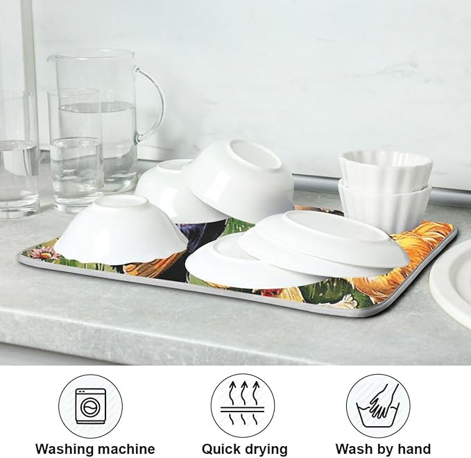 Rooster Flowers Dish Drying Mat 16 X 18 Inch Farm Cock Chick Floral Kitchen Rack Mats Dry Dishes Pads Tableware Mat Absorbent Microfiber Protector for Kitchen Countertops Counter Home Decor