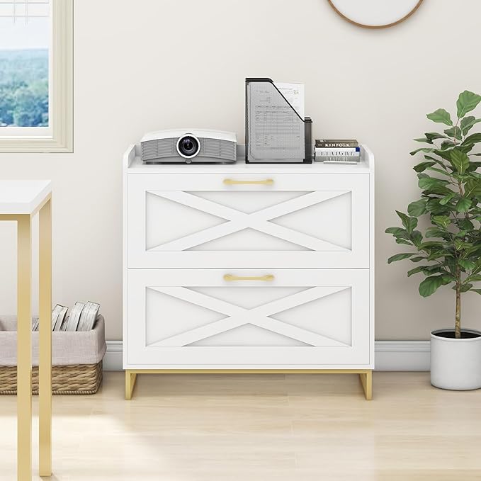 File Cabinet 2 Drawers Lateral File Cabinet with Charging Station for Letter/Legal/A4 Size Hanging Files, Large Wood File Storage Cabinets Printer Stand for Home Office, White and Gold
