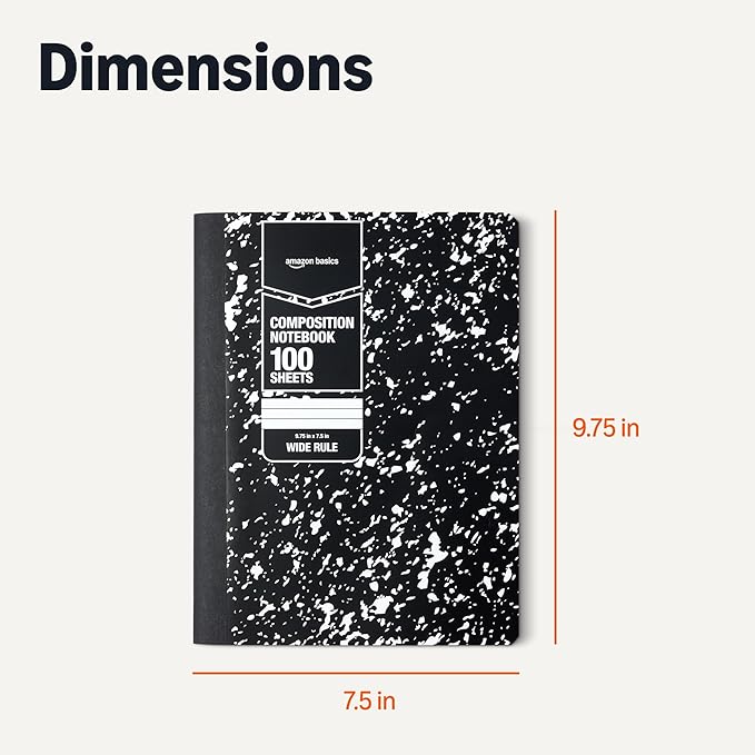 Amazon Basics Composition Notebook, Wide-Ruled, Sturdy Cover with Conversion Charts, for School, Home, and Office Use, 100 Sheets, 4-Pack, Marble Black, 9.75" x 7.5"