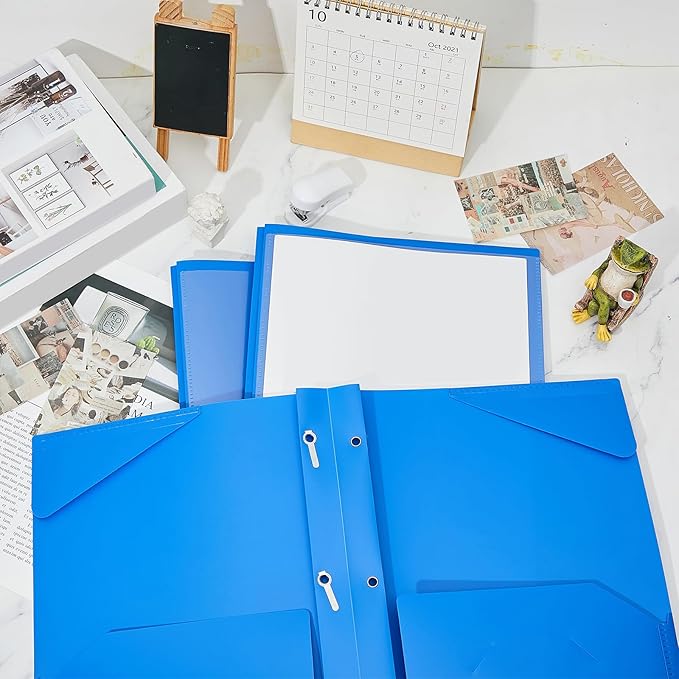 Henoyso 48 Pcs Plastic Folder with Clear Front Pocket and 3 Prongs Heavy Duty Plastic Folders with Card Slot Pocket Folders with Prongs for School Office Home(Blue)