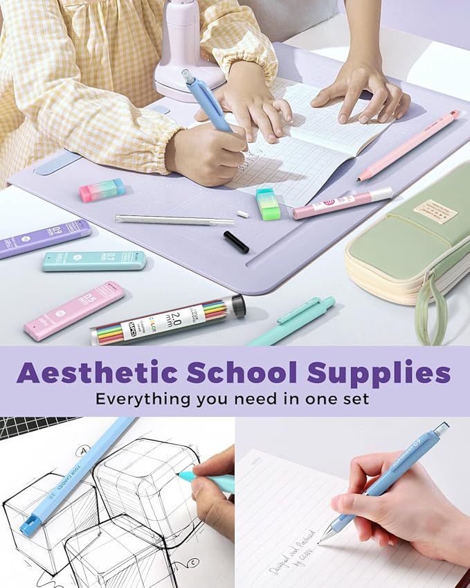 Four Candies 36PCS Aesthetic School Supplies, Mechanical Pencil Set 0.5mm, 0.7mm, 0.9mm & 2.0mm with 624 Lead Refills, Back to School Supplies for Writing & Drawing, Ideal Stationary Set Gift (Green)