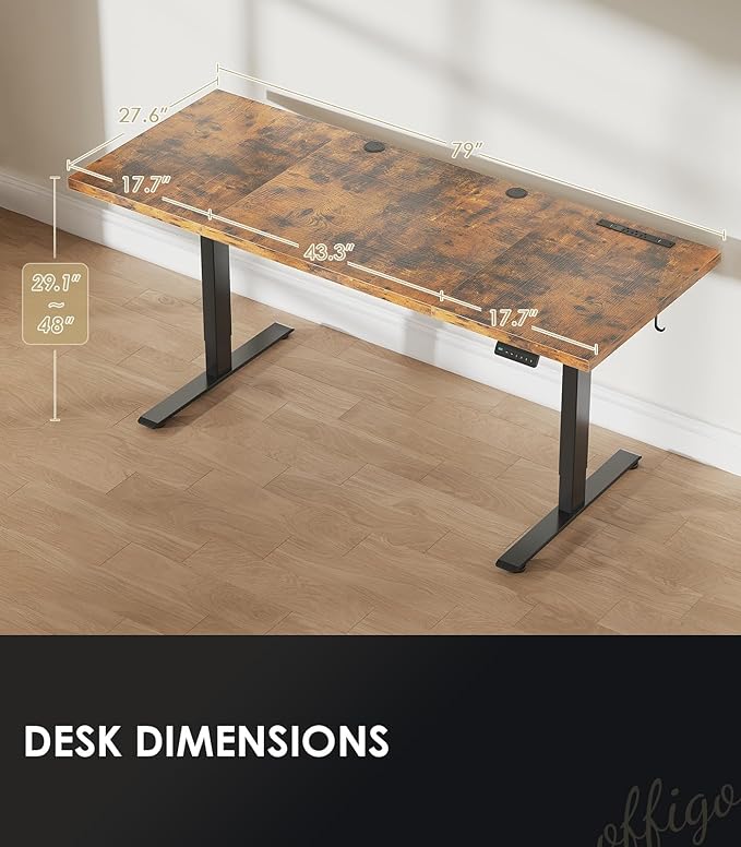 OffiGo Electric Standing Desk with 3-Piece Board, 79 Inch Height Adjustable Large Desk with Power Outlets, Sit Stand Table, Writing Computer Desk for Home, Office, Workstation, Rustic Brown