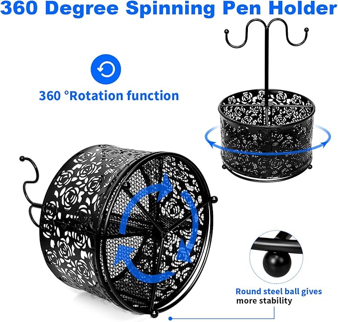 360 Degree Rotate Pen Holder for Desk Mesh Desk Pen Organizer Pencil Holder Large Capacity Accessories & Workspace Organizers for School,Home (Black rose lace pattern, With hook)