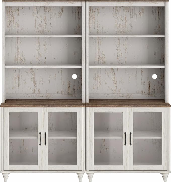 WAMPAT 5 Tier Bookshelf, Bookcase with Glass Doors,Large Farmhouse Display Book Shelf with Adjustable Shelves and Storage Cabinet,Library Wood Bookshelves for Living Room,Kitchen, Rustic White (2PCS)