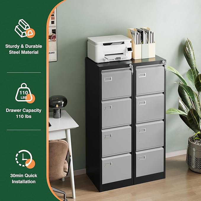 Letaya 4 Drawer File Cabinet with Lock,Metal Office Filing Cabinets for Home Office- Storage A4/F4/Letter/Legal -Assembly Required (Black Grey)