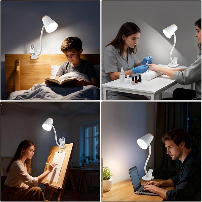 Clip on Desk Lamp for Home Office - Small LED Touch Dimmable Book Lights for Reading at Night - Adjustable Flexible Gooseneck Clamp Light Table Lamp for Bedside Bedroom Bed Headboard White
