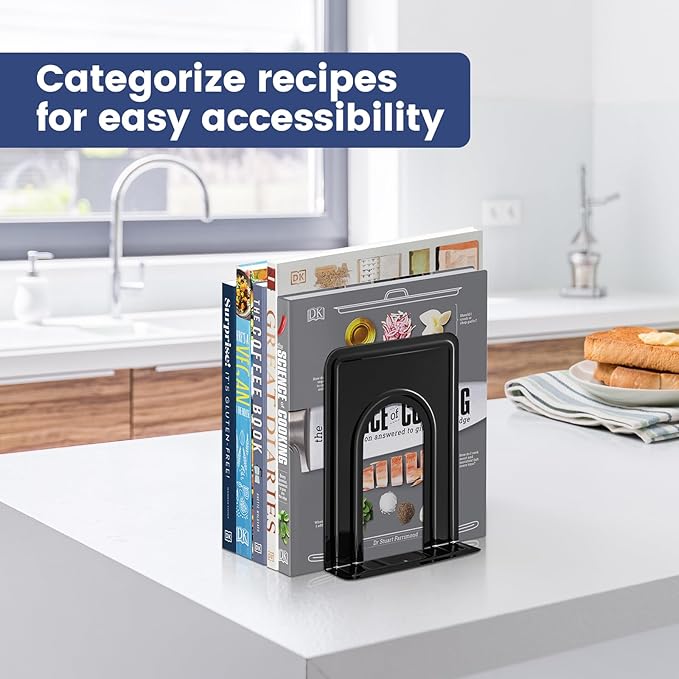 HappyHapi Book Ends, Metal Bookends for Shelves, Non-Skid Book End to Hold Books, Black Book Stopper/Holder for Office Home Kitchen, 5.7X 4.9 X 6.5 in, 3 Pair(6 Pcs, Large)