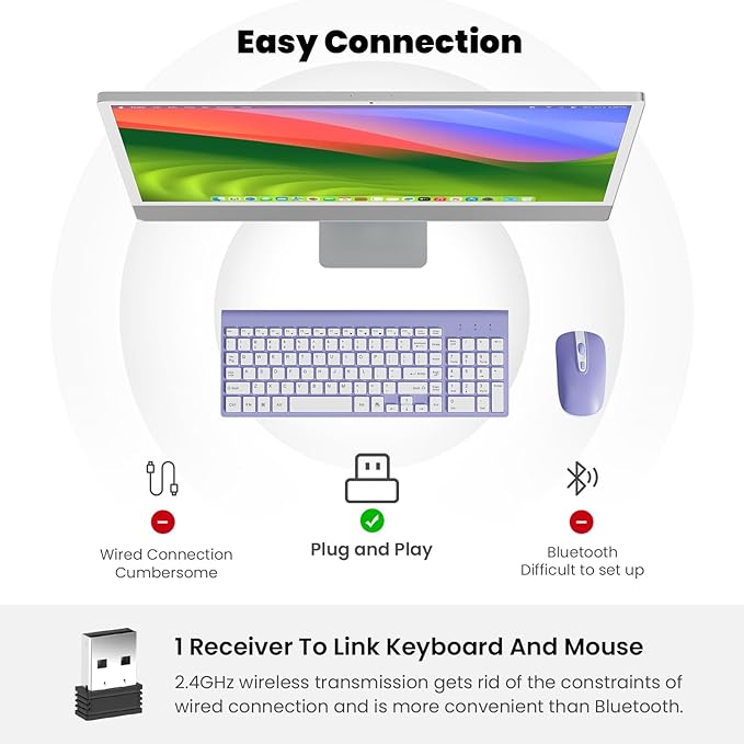 cimetech Wireless Keyboard and Mouse Combo, Compact Full Size Wireless Computer Keyboard and Mouse Set 2.4G Ultra-Thin Sleek Design for Windows, Computer, Desktop, PC, Notebook - Purple