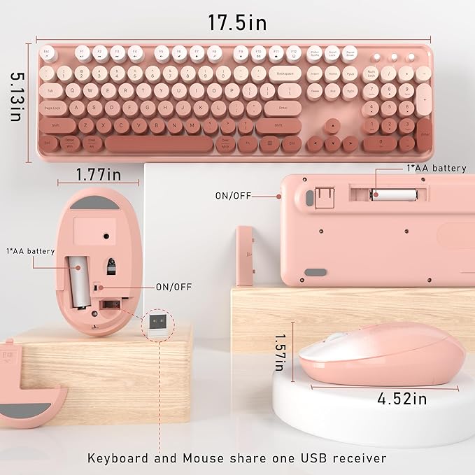 Wireless Keyboard and Mouse, Full-Size Retro Typewriter Keyboard with Round Keycaps, 2.4GHz for Windows, Mac, Laptop, PC, Desktop (Peach Gradient)