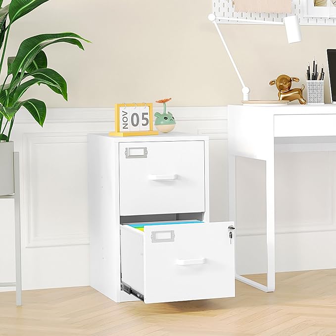 2 Drawer Vertical File Cabinet with Lock, White Metal, Under Desk, Easy Assemble