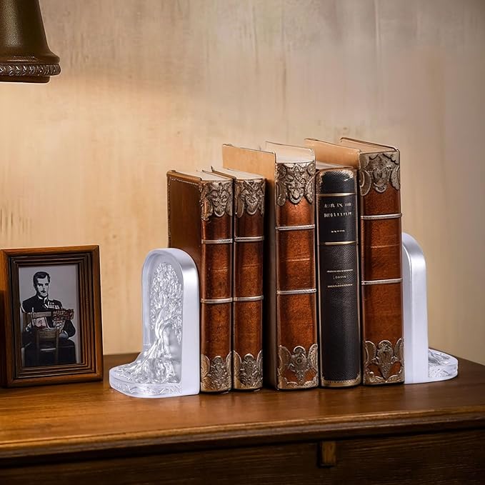 Silver Tree of Life Bookends Set, 2 Decorative Bookends for Shelves or Bookcase, Non-Skid Heavy Bookends for Desktop Shelf Decor, Library Office Decor, Home Décor Gift