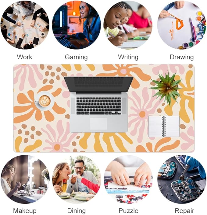 Colorful Star Large Mouse Pad, PU Leather Waterproof Desk Mat, Computer Gaming Mouse Pad, XXL Full Desk Mousepad Non Slip Desk Pad for School Office Home 31.5" x 15.7" - Wavy Flowers