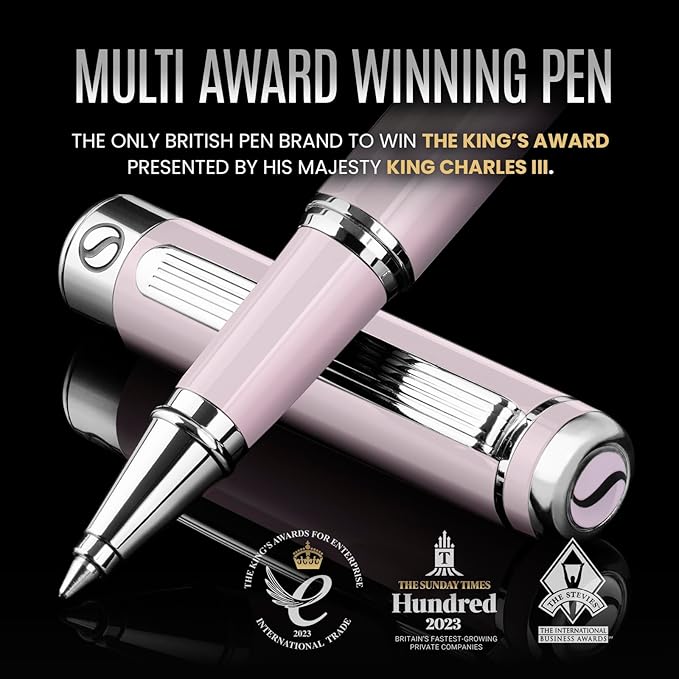 Scriveiner Blush Pink Rollerball Pen - Stunning Luxury Pen With Chrome Finish, Schmidt Ink Refill, Best Roller Ball Gift Set for Men & Women, Professional, Executive Office, Nice Pens