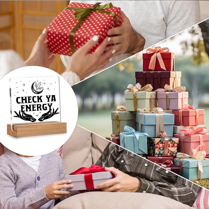 Witchy Gifts for Women Men, Spiritual Witch Gifts, Check Ya Energy Witchy Desk Decor Acrylic Plaque for Home Office Room