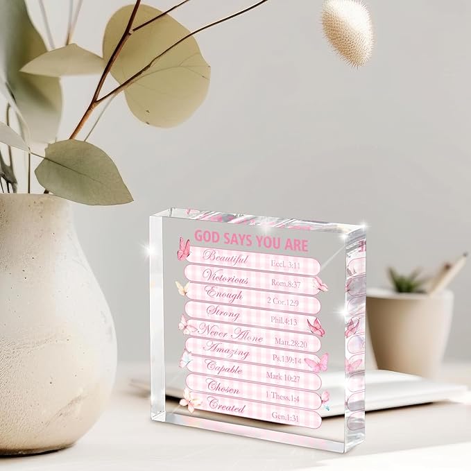 Pink Christian Wall Decor - 4x4 Inch Acrylic Scripture Sign with Butterfly Graphic, Inspirational Bible Verses for Bedroom and Office, Faith-Based Gift for Women