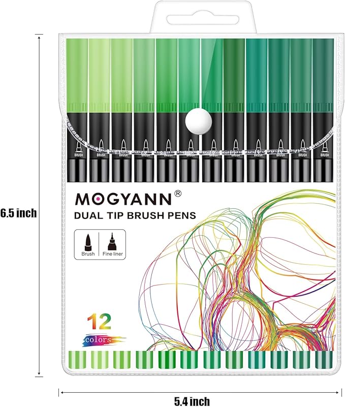 Mogyann Green Markers, 12 Pack Dual Brush Pens Drawing Markers for Art Sketching