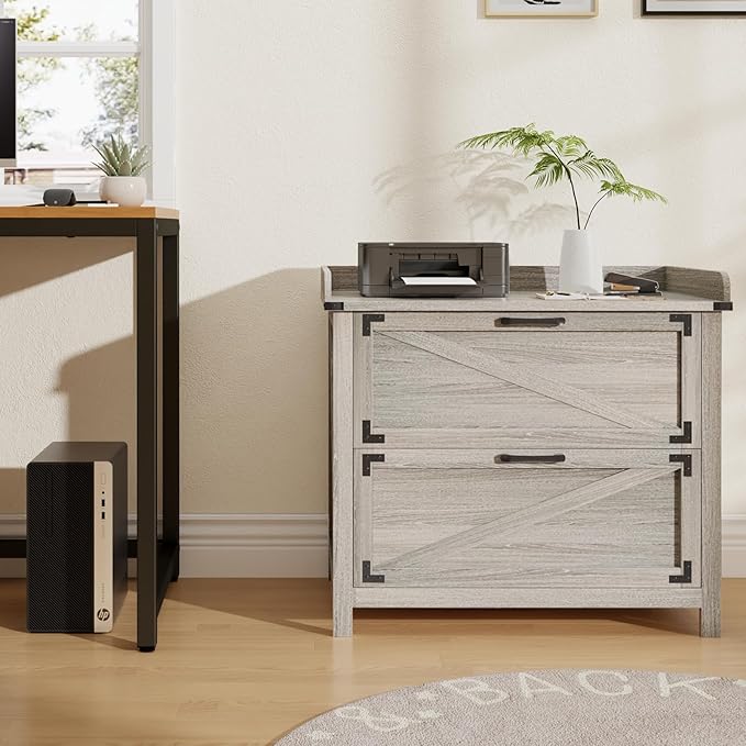 2 Drawer File Cabinet with Lock, Modern Farmhouse Filing Cabinet for Legal/Letter/A4 Size Hanging Files, Large Wood File Cabinets for Home Office