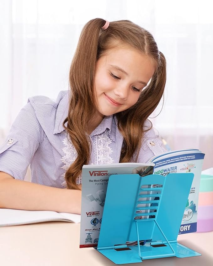 MSDADA Book Stand Metal Reading Rest Book Holder Adjustable Cookbook Documents Holder Portable Sturdy Bookstands for Recipes Textbooks Tablet Music Books with Page Clips (Sky Blue)