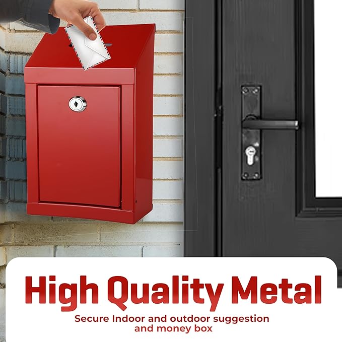 Metal Donation Box-Suggestion Box with Slot and lock-Cash Lock box for Money-Secure Drop Box-Comment and ballot voting box-comes with pre-drilled holes for easy wall mounting 10 X 6 X 2.5"(Red)