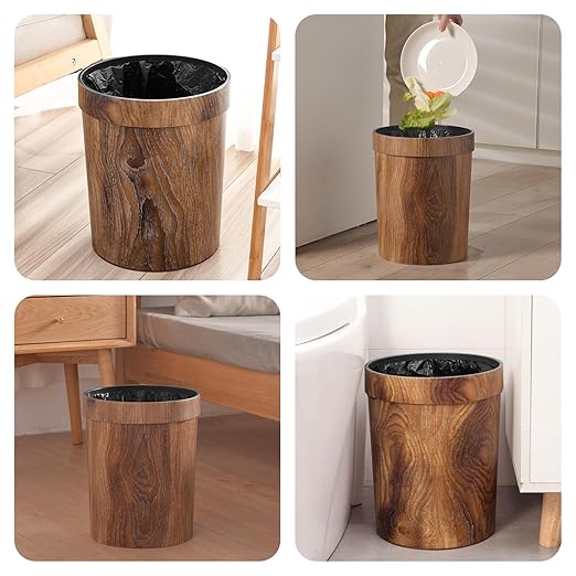 Wood Grain Plastic Trash Can Bedroom, Round 2-Pack, 3.4 Gal Farmhouse Wastebasket Bin Retro Style, Brown Trash Can for Room Aesthetic, Open Top Garbage Can for Office, Living Room, Hotel, Bathroom
