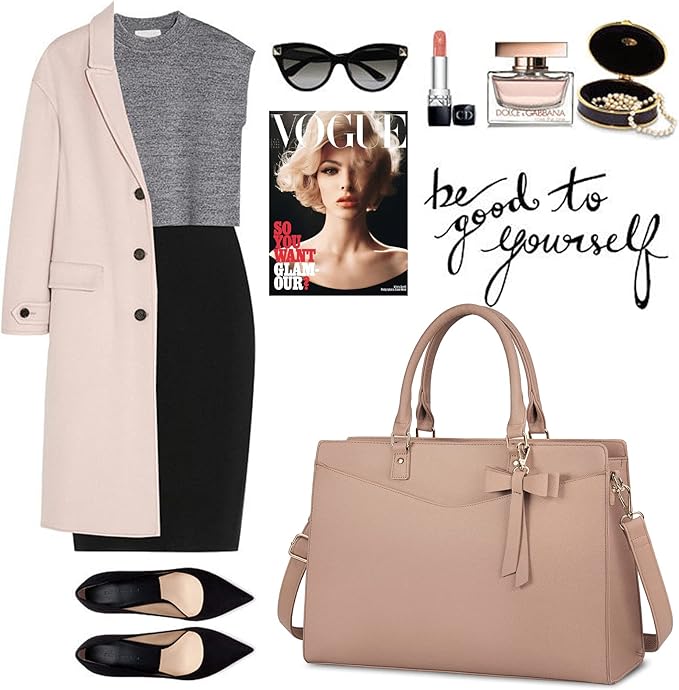 RAINSMORE Laptop Bag for Women 15.6 Inch PU Tote Bag Business Office Work Bag Waterproof Briefcase Computer Tote Lightweight Handbag Shoulder, Khaki