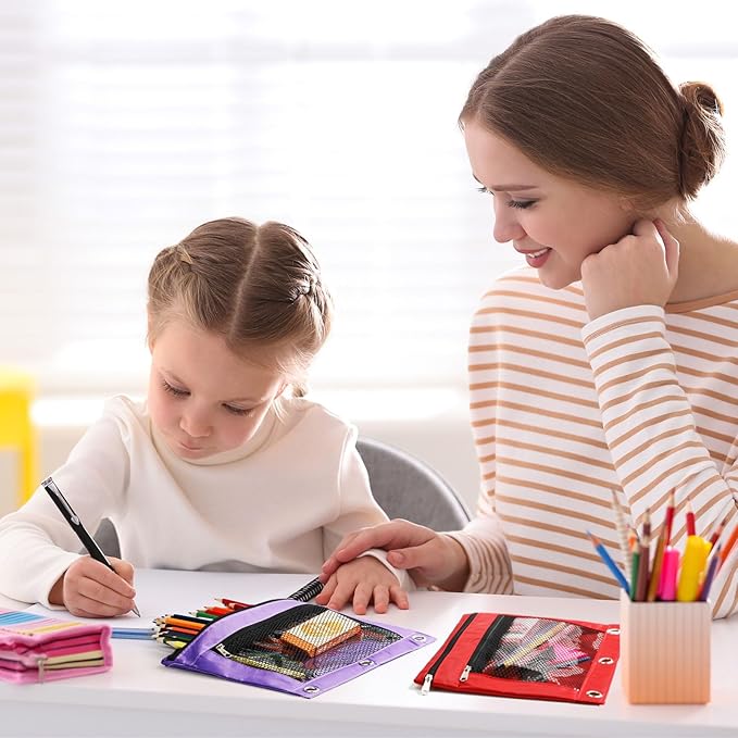 60 Pack Pencil Pouch 3 Ring Zipper Pencil Pouches Case Binder Cosmetic Bag 420d PVC Clear Film Pencil Case Kawaii Office Supplies Double Zip Zipper Pouch (Multi Color)