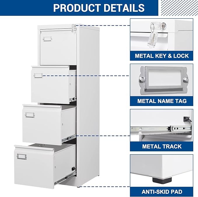 File Cabinets - 4 Drawers Vertical 17.8" Deep Lockable Filing Cabinet - White Metal Storage Cabinets for Home Office to Hanging Files Letter/Legal/F4/A4 Size