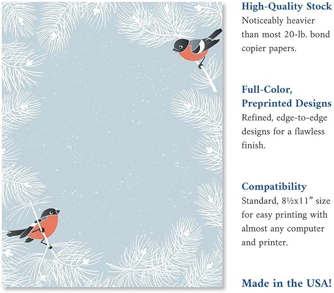 Winter Bird Border Letter Paper - Set of 25 Christmas stationery papers are 8 1/2" x 11", compatible computer paper
