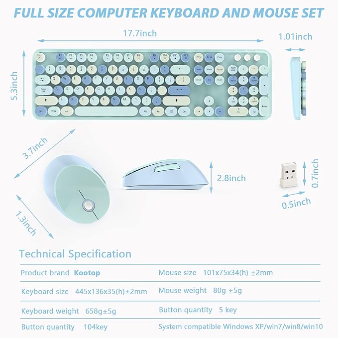 Wireless Keyboard and Mice Combo,Retro Round Keys Full-Sized Cute Keyboard, 2.4Ghz Dropout-Free Connection and Optical Mouse for Windows, Mac, PC, Laptop, Desktop (Blue-Colorful)