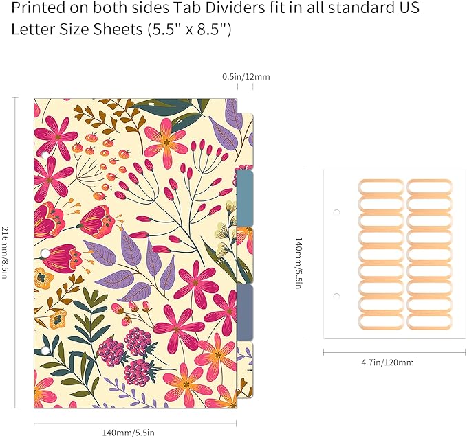 Ospelelf Mini 3 Ring Binder, 2 Inch, Cute Floral Binder for 5.5" x 8.5" with 5 Tab Dividers, File Folder Labels and Low Profile Clipboards
