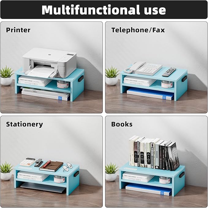 Marbrasse Monitor Stand Riser, 16.5 Inch 2 Tier Computer Printer Shelf Stand for Laptop Computer Screen Storage, Desktop Stand with Phone Holder and Cable Management (Blue)