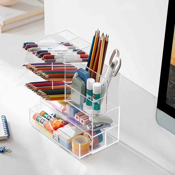 HBlife Acrylic Multi-Functional Pencil Organizer with Drawer, Large Clear Pen Holder for Desk, Desk Organizers and Accessories for Office Art Supplies, School and Home