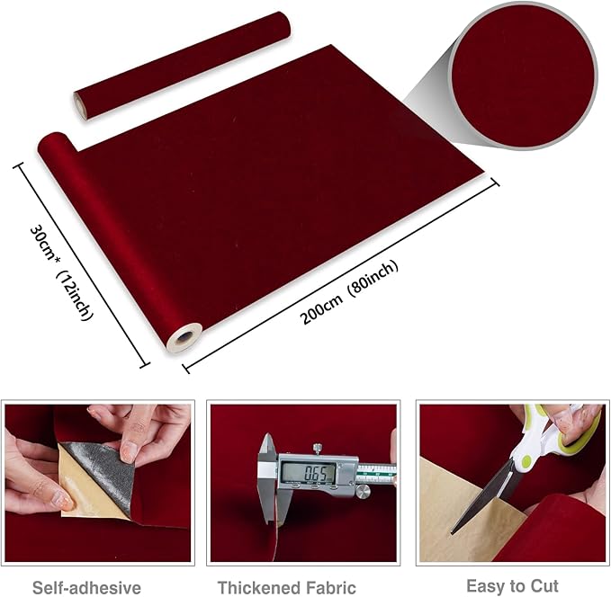 CRE8TIVE 12"x80" Dark Red Self Adhesive Velvet Flocking Liner for Jewelry Drawer Colored Velvet Wallpaper Peel and Stick Red Contact Paper Felt Velvet Drawer Liner Sheets for Jewelry Box Liner Dresser