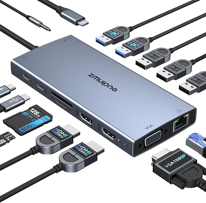 USB C Docking Station Dual Monitor 15 in 1 Laptop Docking Station Triple Display for Dell HP Lenovo Thinkpad Surface, USB C Hub Multiple Adapter Dongle with 4K HDMI+VGA+USB Port+Button+PD+Ethernet