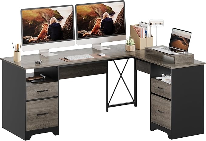 Bestier L Shaped Desk with 4 Drawers, 63" x 47" Executive Desk with Open Storage & Monitor Stand, Corner Desk with 2 File Drawers & Modesty Panel for Home Office, Gray