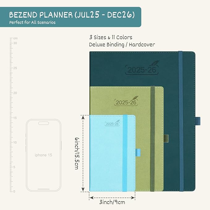 BEZEND Pocket Planner 2025-2026 Weekly and Monthly, 3.5" x 6" Academic Planner (Jul 25-Dec 26) 18-Month Mid-Year Calendar Book, Storage Pocket, Pen Holder, PU Leather Hardcover - Sky Blue