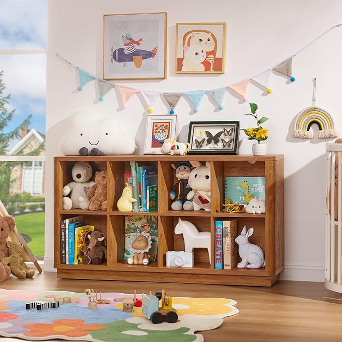 8 Cube Storage Book Shelf, 52" Long Horizontal Bookshelf with Curved Edge, Floor Standing Wooden Cubby Bookcase with Base, Modern Low Console Book Case, TV Stand for Living Room, Brown