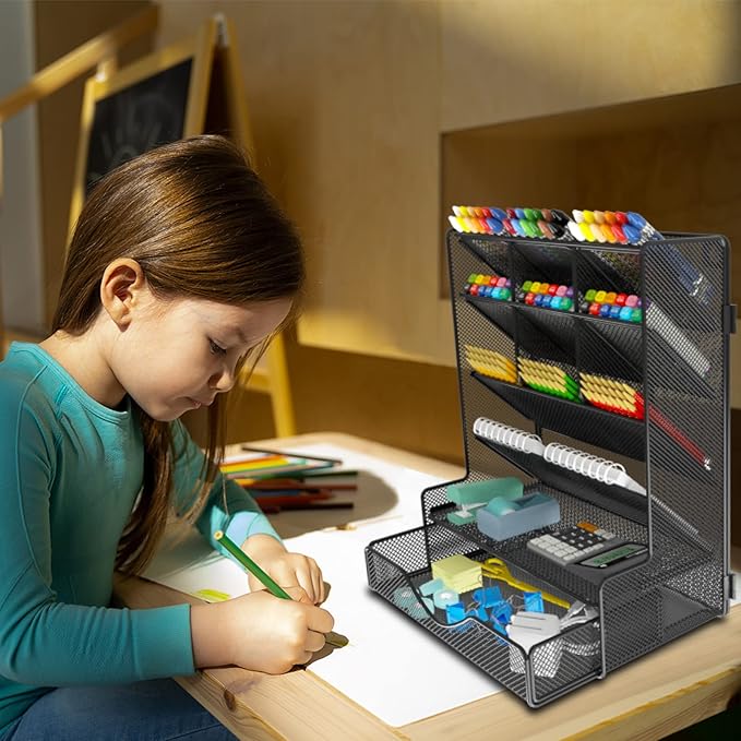 Pen Organizer for Desk, Multi-Functional Desk Organizer, Wall Mount Pen Holder with Drawer for School, Office, Home, Art Supplies, Black