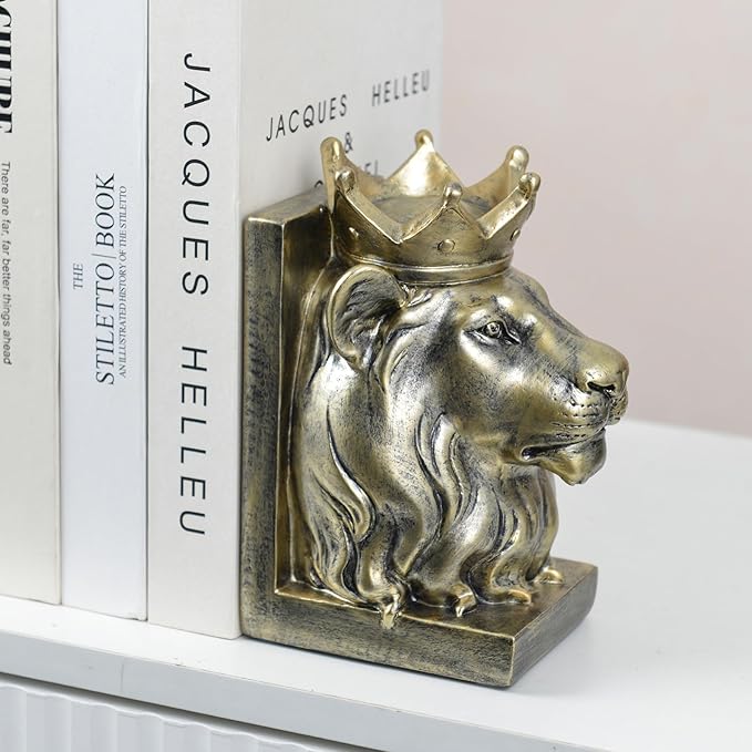 Vintage Gold Lion Book Ends,Animal Decorative Bookends,Resin Book Holder,Luxurious Book Ends for Shelves Rooms Office Home Decor,Unique Book Lover Gift(Gold Lion)