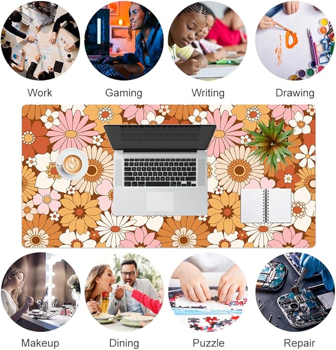 Colorful Star Large Mouse Pad, PU Leather Waterproof Desk Mat, Computer Gaming Mouse Pad, XXL Full Desk Mousepad Non Slip Desk Pad for School Office Home 31.5" x 15.7" - Retro Flowers