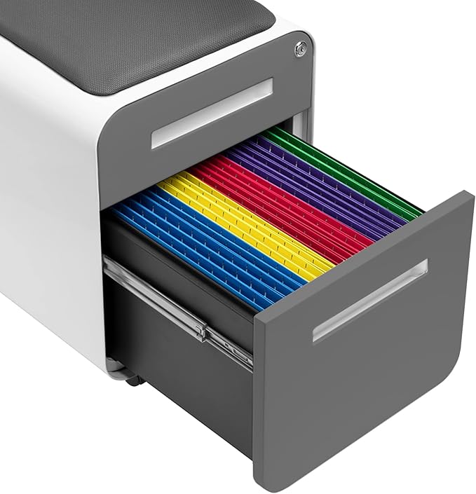 Laura Davidson Furniture STOCKPILE Mini Seated 2 Drawer Mobile File Cabinet with Removable Magnetic Cushion Seat - Short Version, Metal Filing Cabinet, Pre-Assembled, Dark Grey Face with Grey Cushion