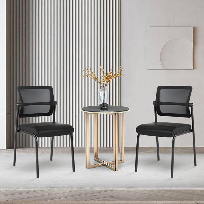 CLATINA Stackable Waiting Room Chair with Adjustable Mesh Backrest, Armless Office Guest Reception Chairs with Leather Cushion and Ergonomic Lumbar Support for Conference Lobby Side School, Black, 8PK