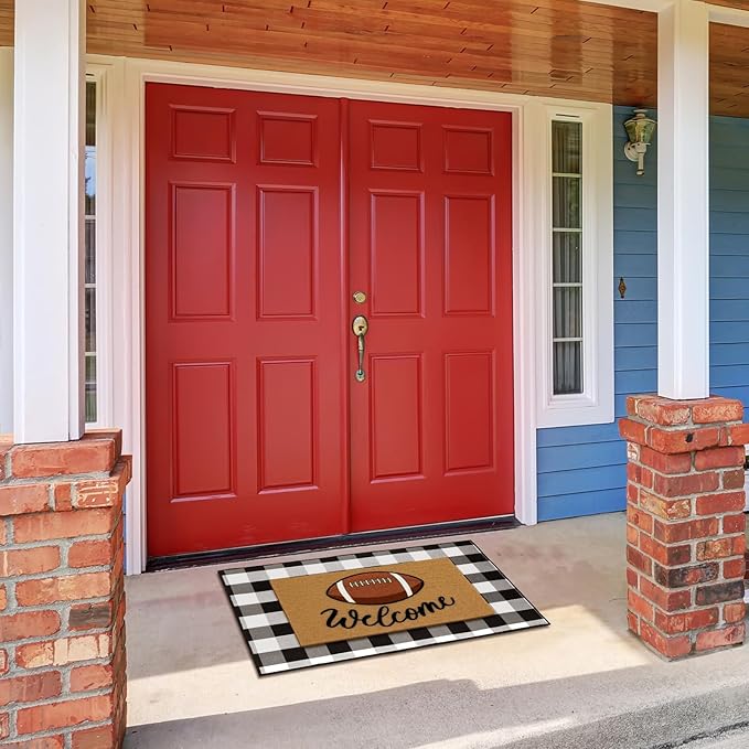 2 Pcs Football Front Porch Rug Buffalo Plaid Football Door Mat Imitation Coco Coir Football Welcome Layering Rug for Outdoor(Black and White 1,28 x 43 Inch,Football)