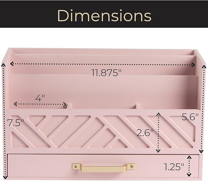 BLU MONACO Pink Wooden Desk Organizer with Storage Drawer and Gold Handle – Cute Office Supplies Holder – Mail Storage for Desktop at Home, Office, or Workspace